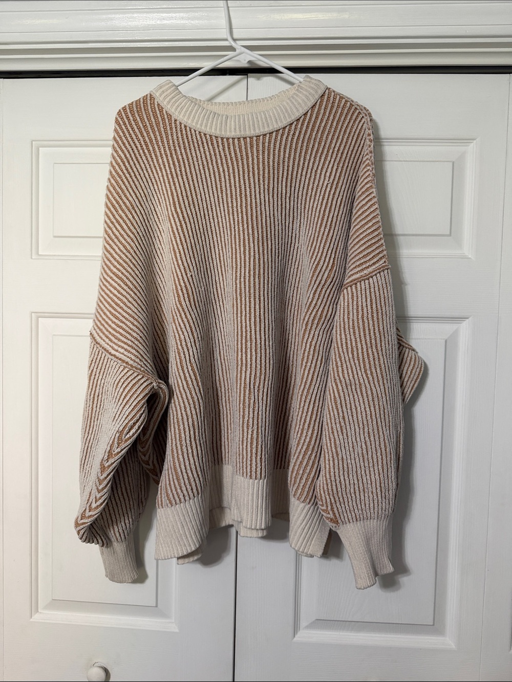 aerie Cream and Tan Striped Ribbed Crew Sweater